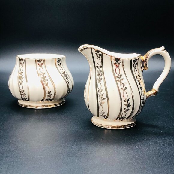 Sadler England Golden Swirl Garland Creamer Open Sugar Bowl Set Christmas Table - Picture 1 of 11